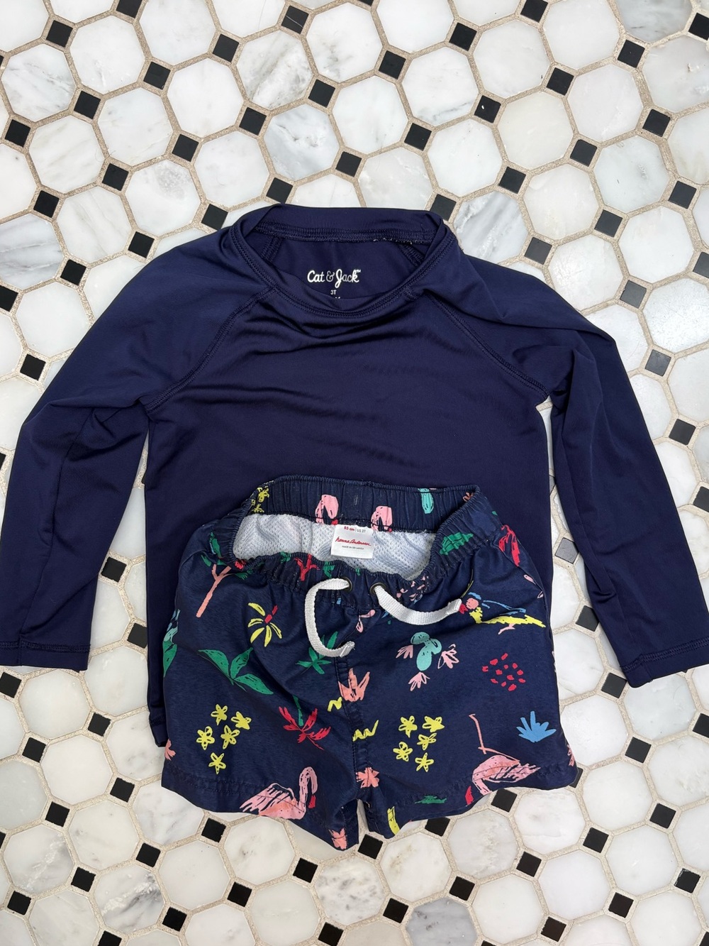 Hanna Andersson Tropical Swim Trunks with Cat & Jack Navy Long-Sleeve Rash Guard